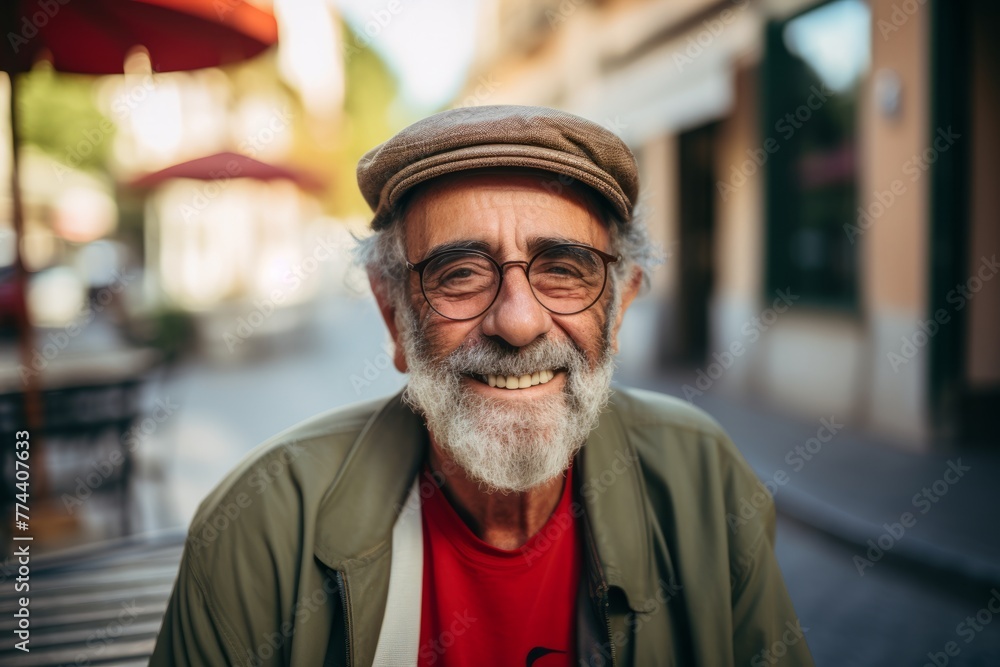 Portrait of a senior man with a beard and mustache wearing a hat and sunglasses on a city street. Portrait of a senior man with a beard and mustache wearing a hat and sunglasses on a city street.