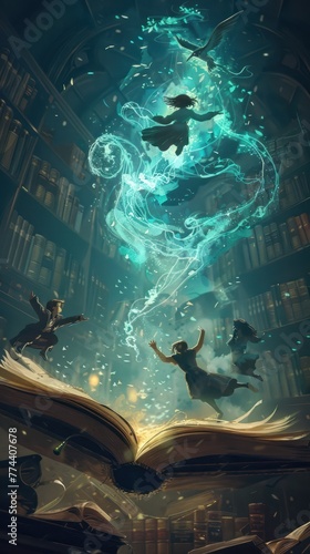 A magical book opening characters leaping out