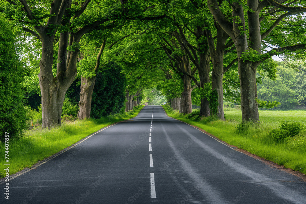 An empty road surrounded by trees and grass An empty road surrounded by trees and grass