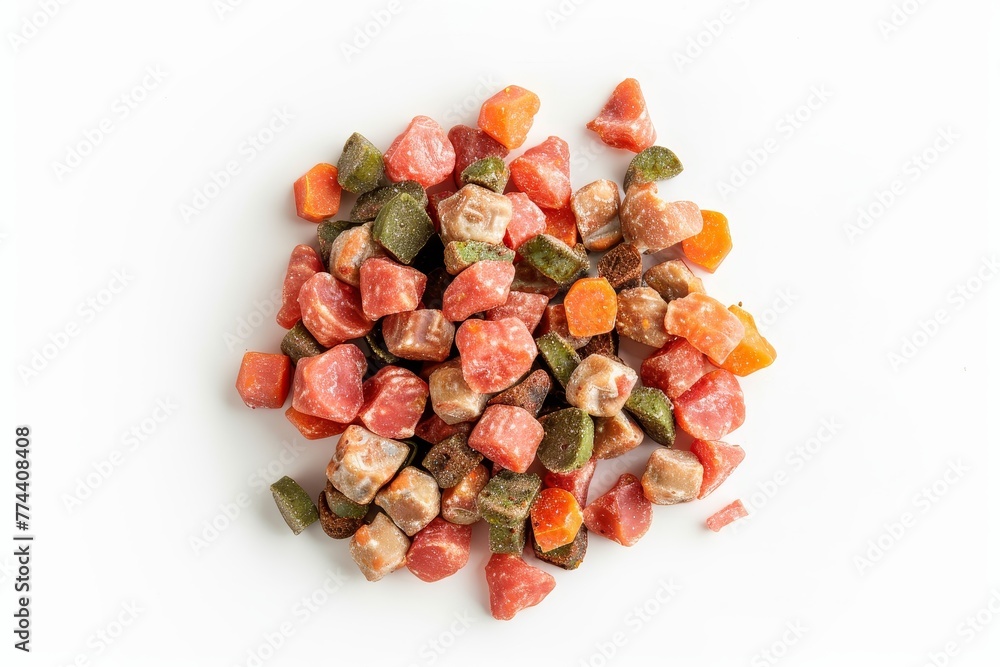 Canned pet food on white background viewed from above Canned pet food on white background viewed from above