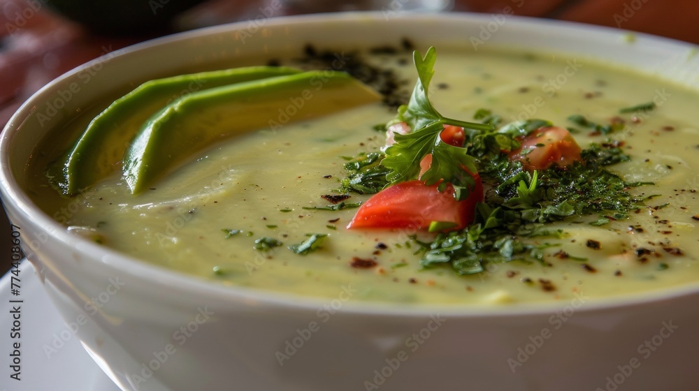 Belizean cuisine. Sopa de aguacate is a cold avocado soup with a creamy consistency. Belizean cuisine. Sopa de aguacate is a cold avocado soup with a creamy consistency.