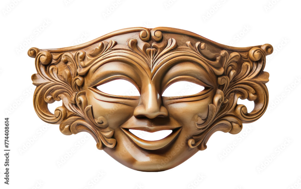 A gold mask with a wide smile painted on it, exuding happiness and positivity