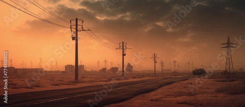 Desert beside of the main road with electricity posts and silhouette buildings