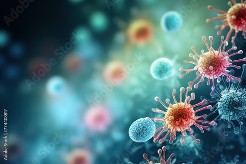 abstract illustration of colorful viral cells and microorganisms on a dark blue defocused background