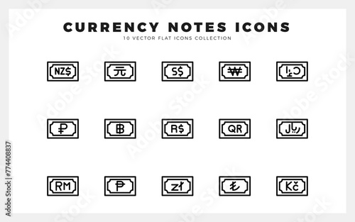 15 Currency Note Lineal icon pack. vector illustration.