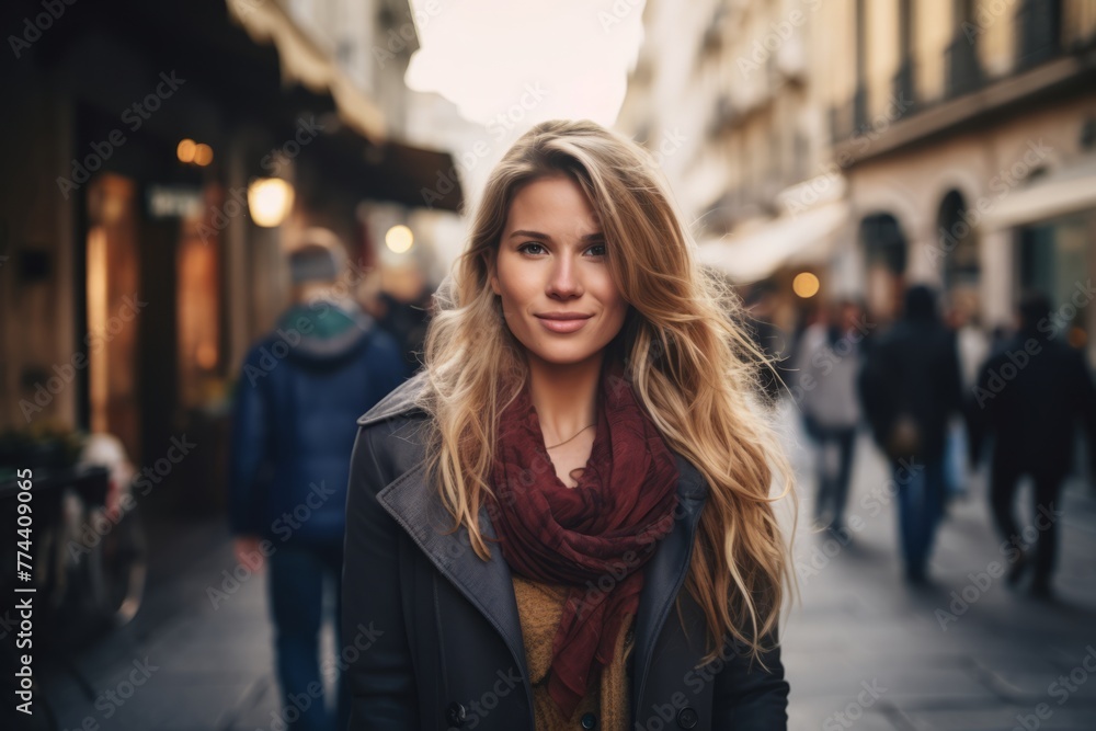 Portrait of a beautiful young blonde woman in a coat and scarf walking in the city.