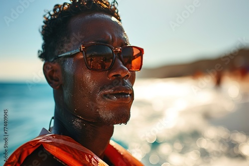Closeup portrait of a handsome african american lifeguard wearing sunglasses and an orange life jacket against the backdrop of the sea on the beach