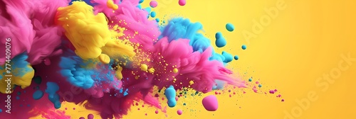 A colorful explosion of paint is splattered across a yellow background