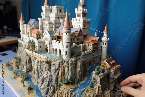 Fortified castle, Construction of a medieval fortified castle ,Historic medieval castle graces a hilltop, embraced by a surrounding moat, Ai generated