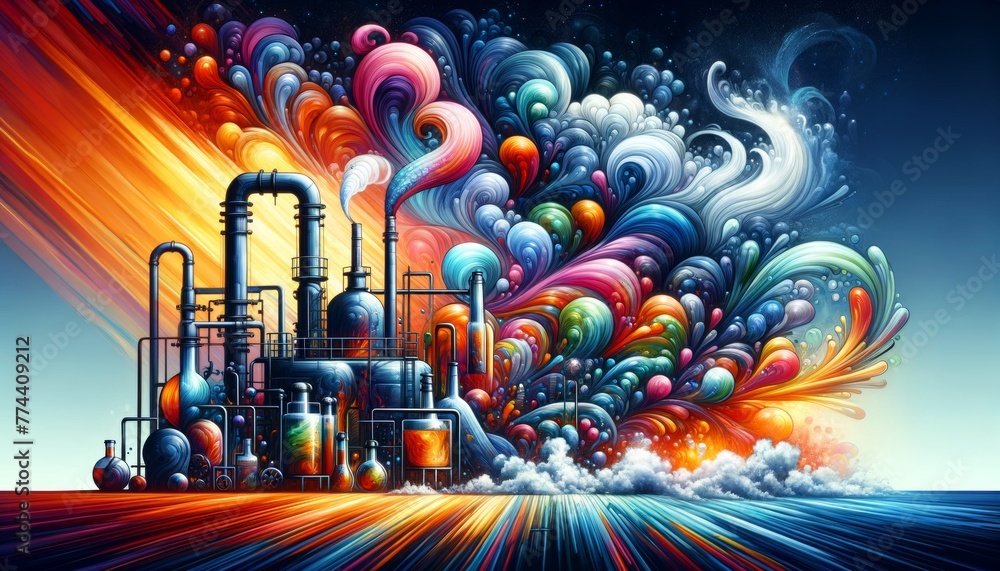 Industrial Fantasy Landscape with Colorful Swirls and Chemical Plant