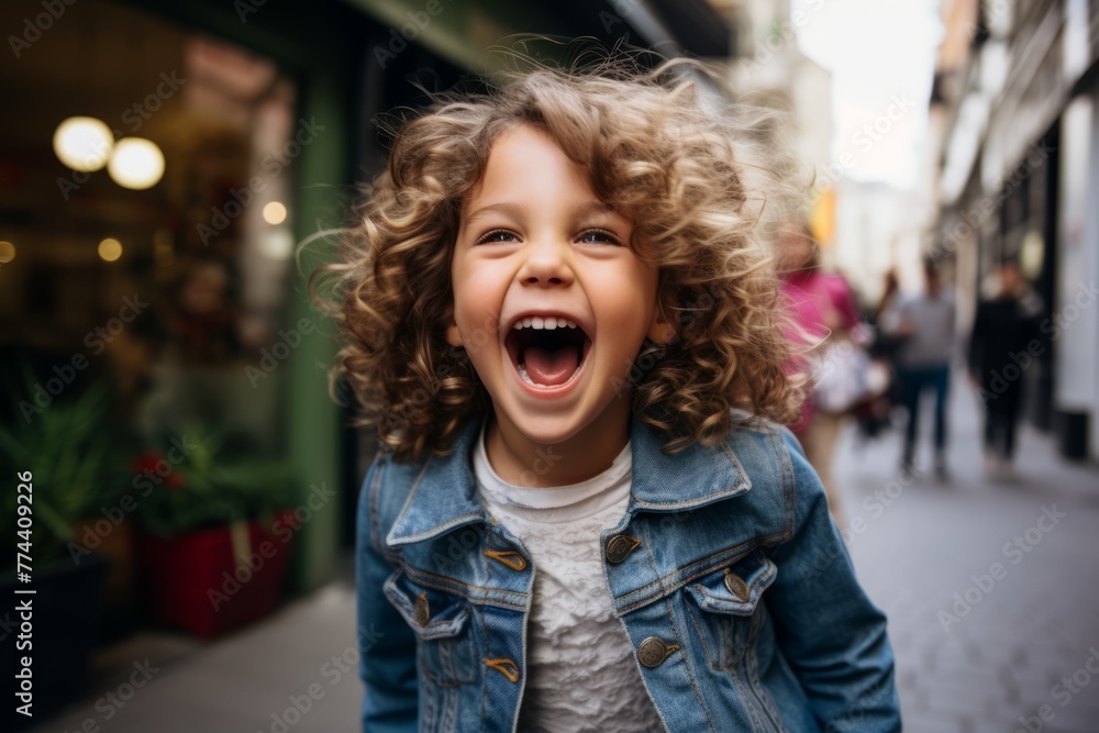 Portrait of a beautiful little girl with curly hair on the street Portrait of a beautiful little girl with curly hair on the street