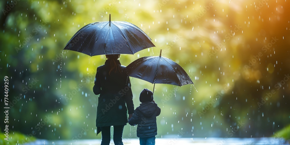 A woman and a child are walking in the rain, both holding umbrellas
