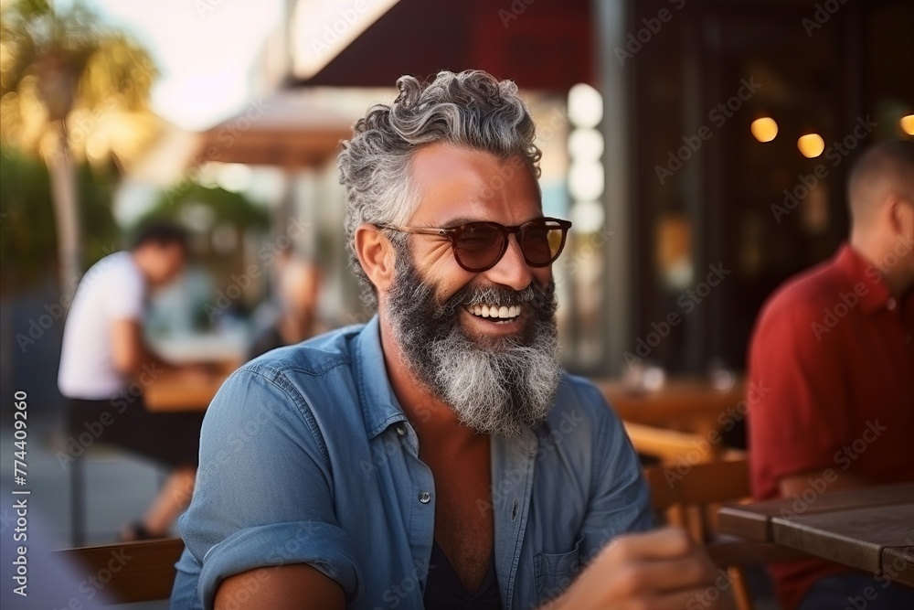 Portrait of a handsome middle-aged man with grey beard and sunglasses sitting in a cafe. Portrait of a handsome middle-aged man with grey beard and sunglasses sitting in a cafe.
