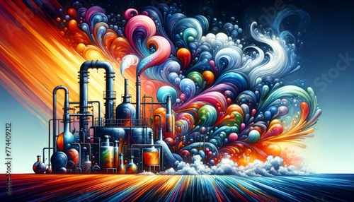 Industrial Fantasy Landscape with Colorful Swirls and Chemical Plant © dragon_fang