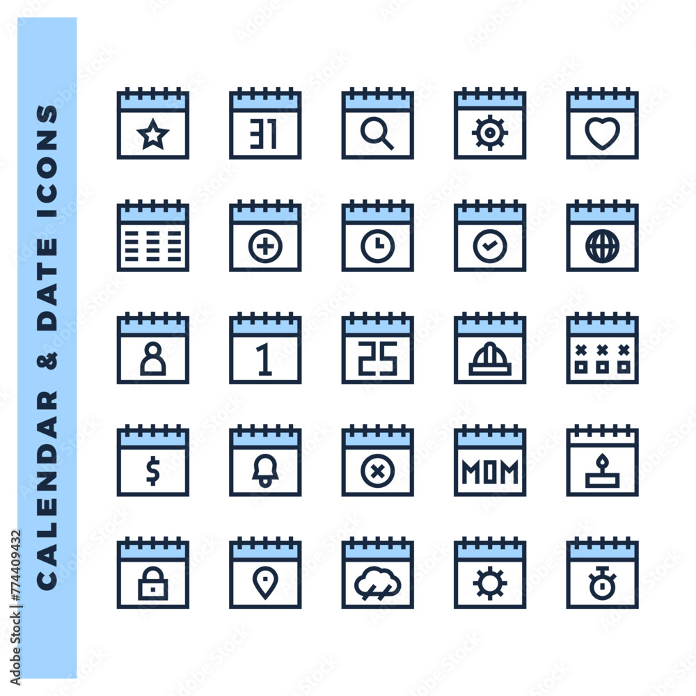 25 Calendar and Date Two Color icon pack. vector illustration. 25 Calendar and Date Two Color icon pack. vector illustration.