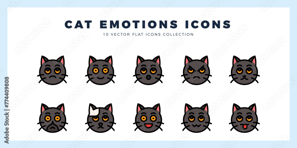 10 Cat Emotions Flat icon pack. vector illustration.
