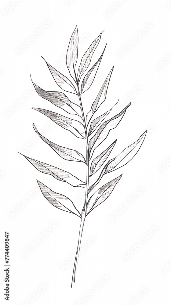 Palm leaf, thin stem. The leaf is dark green and has a slightly wavy texture. Palm leaf, thin stem. The leaf is dark green and has a slightly wavy texture.