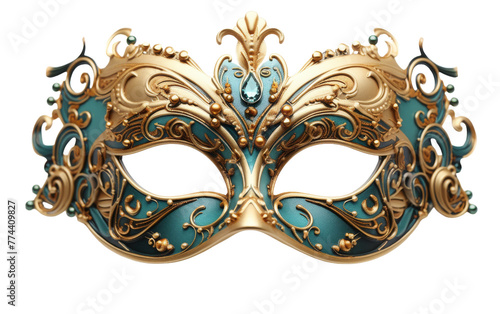 A stunning blue and gold masquerade mask on a white background, exuding mystery and sophistication