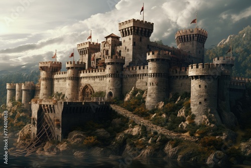 Fortified castle, Construction of a medieval fortified castle ,Historic medieval castle graces a hilltop, embraced by a surrounding moat, Ai generated