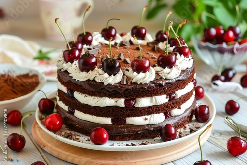 Cherry and whipped cream chocolate cake
