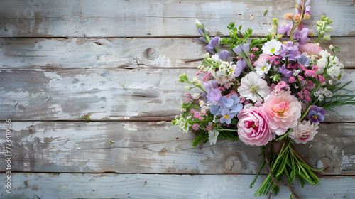 An artificial floral arrangement bursting with pastels, set against a vintage wooden backdrop, exuding rustic charm. 