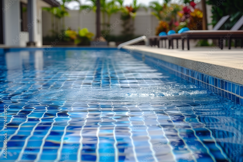 A pool with a blue tile floor and a white wall