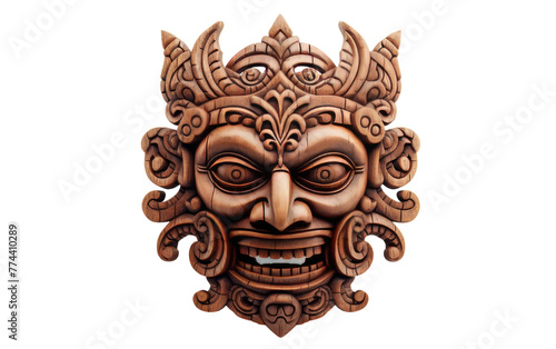 A wooden mask adorned with ornate designs, showcasing detailed craftsmanship and cultural significance