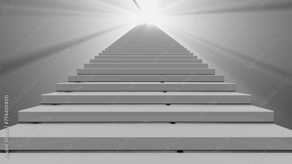 The steps of the staircase go into the distance towards the bright light The steps of the staircase go into the distance towards the bright light