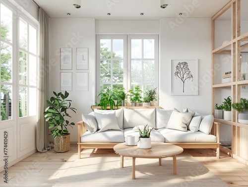 A living room with a white couch, a coffee table, and a potted plant © inspiretta