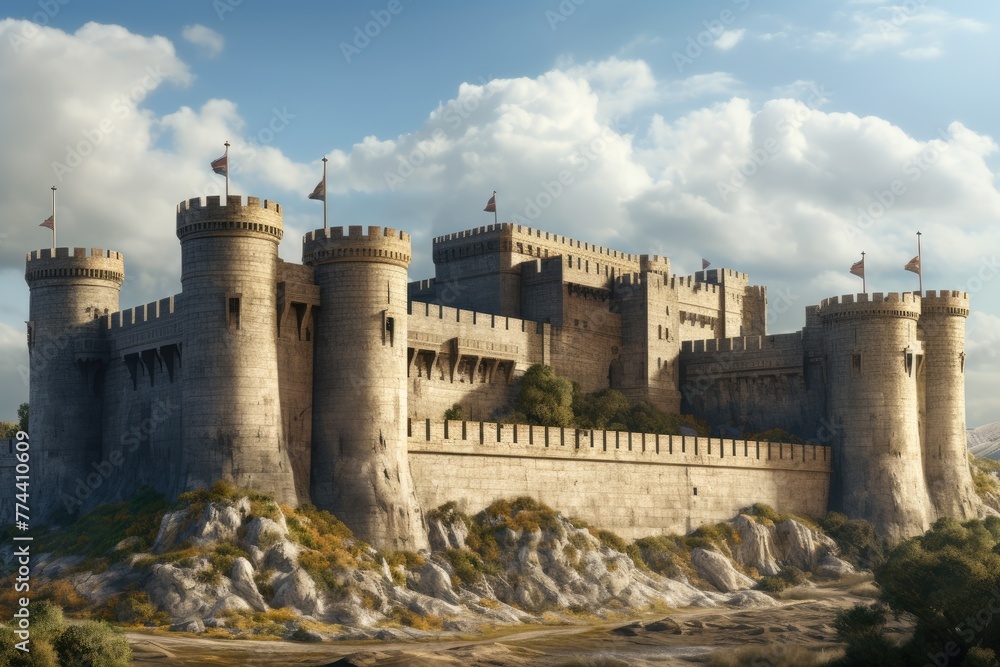 Medieval castle, An Ancient medieval castle proudly stands on a hill, Construction of a medieval fortified castle, Ai generated