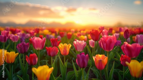 Golden Hour Glow: Vibrant Tulip Field, generative ai