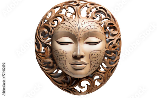 A mask with a face crafted from intricately designed metal, reflecting light and shadows