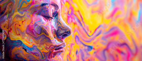 Surreal portrait in vibrant colors. Woman's face with abstract liquid swirls © Denniro