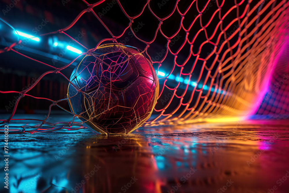 A soccer ball in a goal with a net in a neon glow. Generative AI - obrazy, fototapety, plakaty 