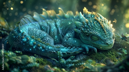 Sleeping Baby Dragon in Enchanted Forest, generative ai