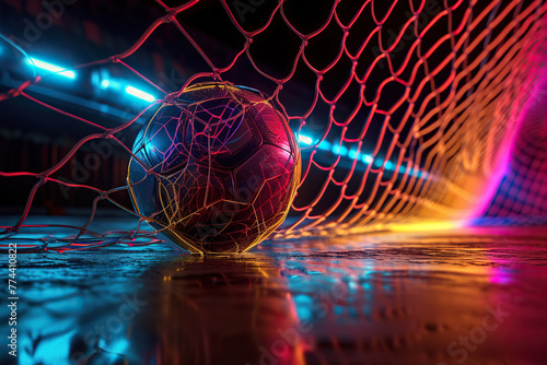 A soccer ball in a goal with a net in a neon glow. Generative AI