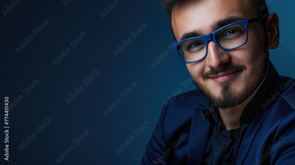 Elegant man with beard wearing glasses smiling in a blue shirt against a dark background. Elegant man with beard wearing glasses smiling in a blue shirt against a dark background.