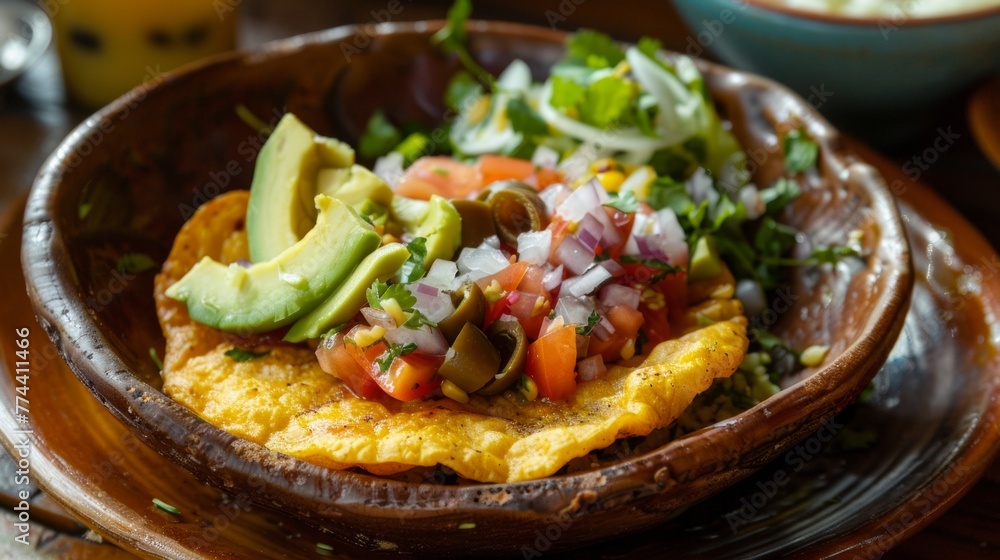 Belizean cuisine. Huarache is a corn tortilla stuffed with avocado, tomatoes, corn flour, cheese, olives and onions. Belizean cuisine. Huarache is a corn tortilla stuffed with avocado, tomatoes, corn flour, cheese, olives and onions.