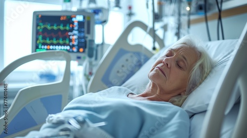 middle aged woman lies in a hospital ward, connected to life support equipment, monitors