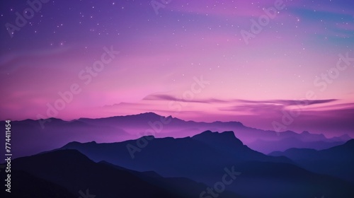 mountains with Starry sky, purple and pink gradient background, minimalist style, desktop wallpaper