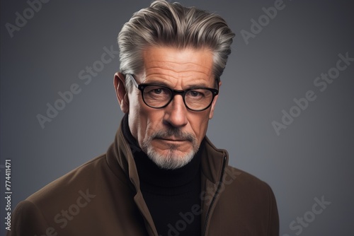 Portrait of a handsome mature man with grey hair and eyeglasses.