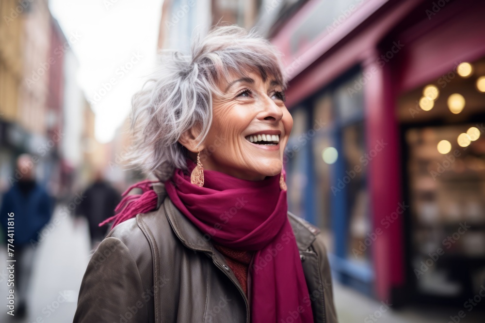 Portrait of a smiling mature woman in the city, looking away Portrait of a smiling mature woman in the city, looking away