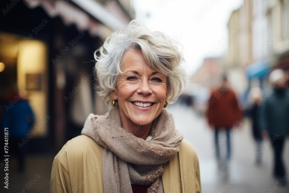 Portrait of happy senior woman walking in city street, looking at camera Portrait of happy senior woman walking in city street, looking at camera