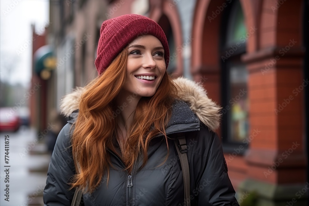 Beautiful redhead girl in a hat and jacket on the street Beautiful redhead girl in a hat and jacket on the street