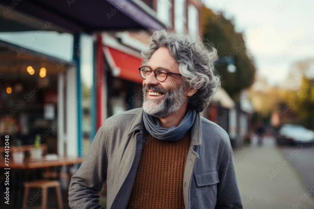 Handsome middle-aged man with gray hair and beard wearing glasses on a city street. Handsome middle-aged man with gray hair and beard wearing glasses on a city street.