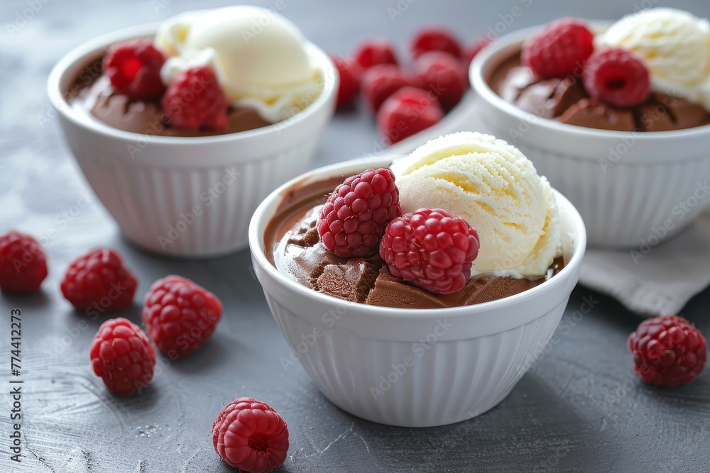 Chocolate mousse with vanilla ice cream and fresh raspberries in white bowls focusing on the food Chocolate mousse with vanilla ice cream and fresh raspberries in white bowls focusing on the food