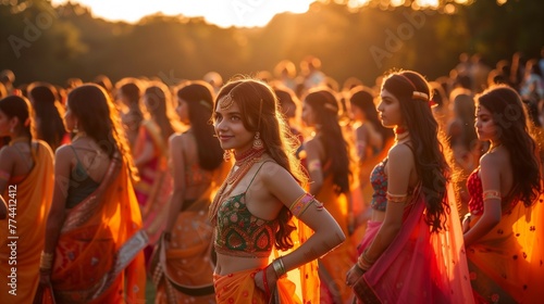 Golden Hour Festivities: Traditional Indian Women in Bright Saris, generative ai