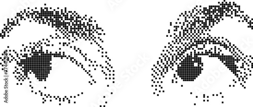 Bitmap eyes in a retro 8-bit game style with a pixel Y2K effect. Futuristic clip art shape for collage. Vector modern illustration.