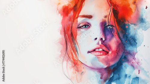 Beautiful woman face abstract watercolor illustration on the white background with copy space. Portrait of girl for a beauty salon and fashion background. Cosmetology, beauty and spa,care concept.