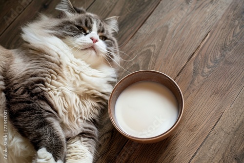 Chubby cat laying on ground with dish of milk